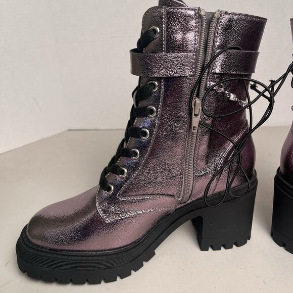 Pop Combat Boots Metallic Purple Lug Sole Heeled Lace Up Chain Punk Size 7 $90 - Picture 7 of 14
